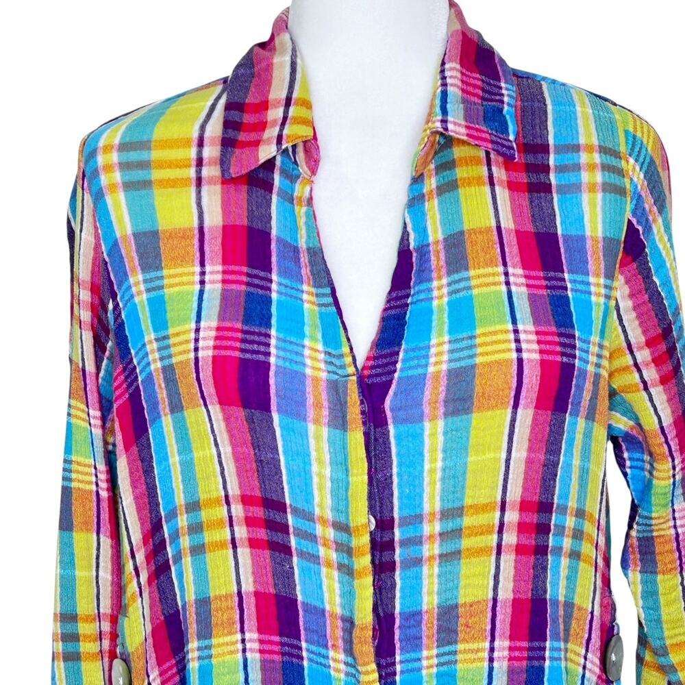 Soft Surroundings Kona Shores Button Up Gauzy Rainbow Plaid Cotton Blouse LGE - Picture 2 of 9
